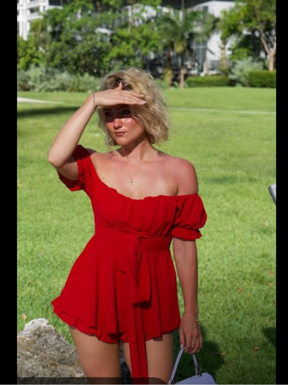 Red Off-Shoulder Tie-Waist  flowy dress romper built in shorts. Ladies small